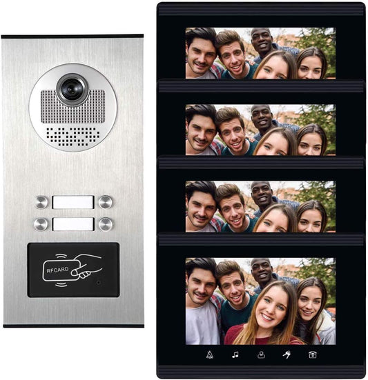 4 Units Apartment Intercom System with 7" Touch Monitor Video Door Phone Kits - Ethernet Connectivity, ID Keyfobs Unlock - Ideal for Home & Apartment Security