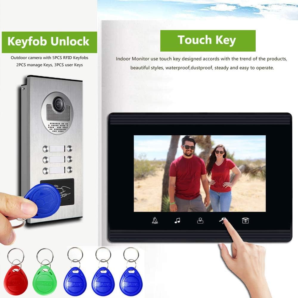 4 Units Apartment Intercom System with 7" Touch Monitor Video Door Phone Kits - Ethernet Connectivity, ID Keyfobs Unlock - Ideal for Home & Apartment Security