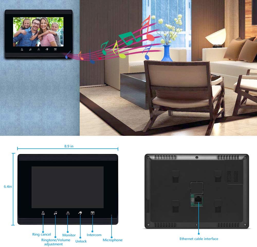 4 Units Apartment Intercom System with 7" Touch Monitor Video Door Phone Kits - Ethernet Connectivity, ID Keyfobs Unlock - Ideal for Home & Apartment Security