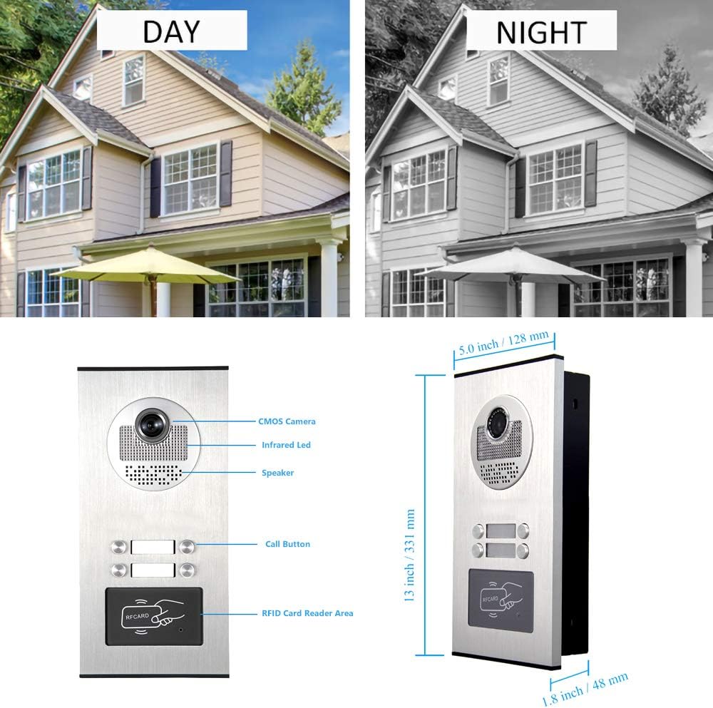 4 Units Apartment Intercom System with 7" Touch Monitor Video Door Phone Kits - Ethernet Connectivity, ID Keyfobs Unlock - Ideal for Home & Apartment Security