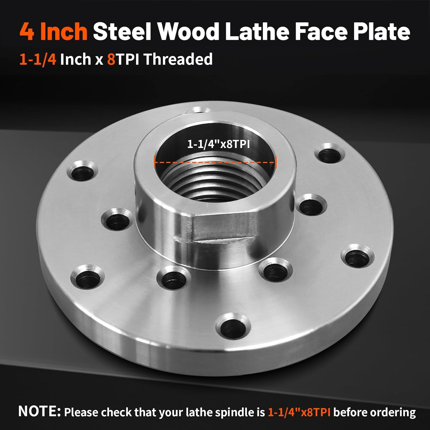 4" Wood Lathe Steel Faceplate - Fits 1-1/4" x 8TPI Spindle - Durable Lathe Face Plate for Wood Turning