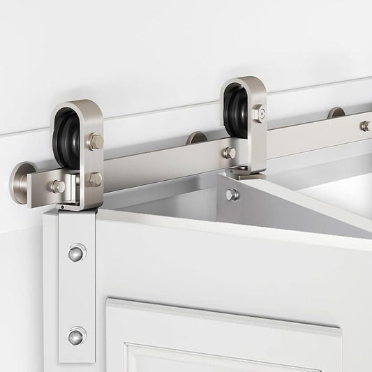 40'' Bi-Fold Sliding Barn Door Hardware Track Kit for Two 18'' Doors - Side Mount Installation, Heavy Duty Roller - Brushed Nickel
