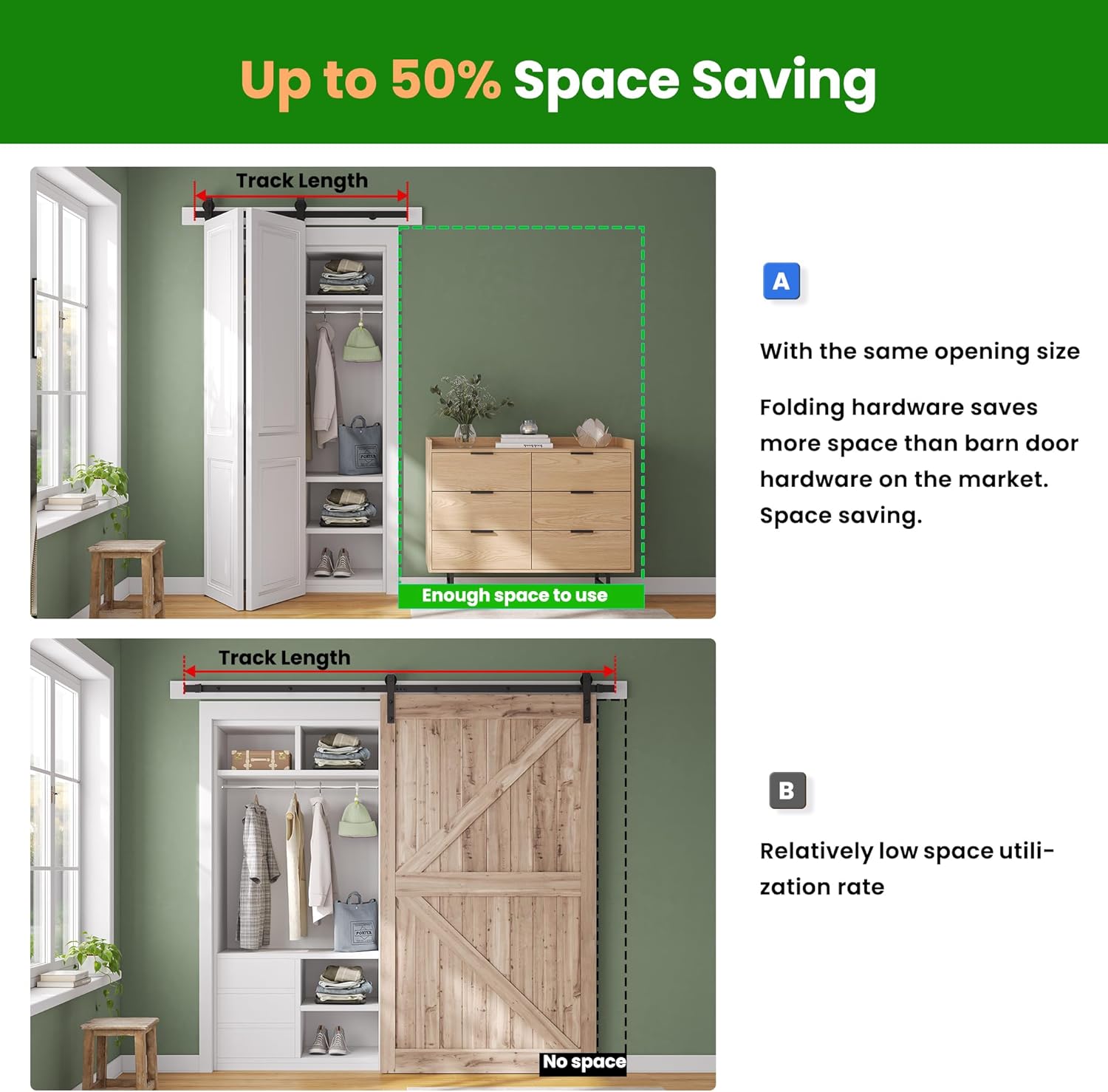 40" Bifold Sliding Barn Door Hardware Kit, Top Mount Bi-Folding Track for Double 18" Doors, Smooth & Quiet, Black - No Door - WildKart