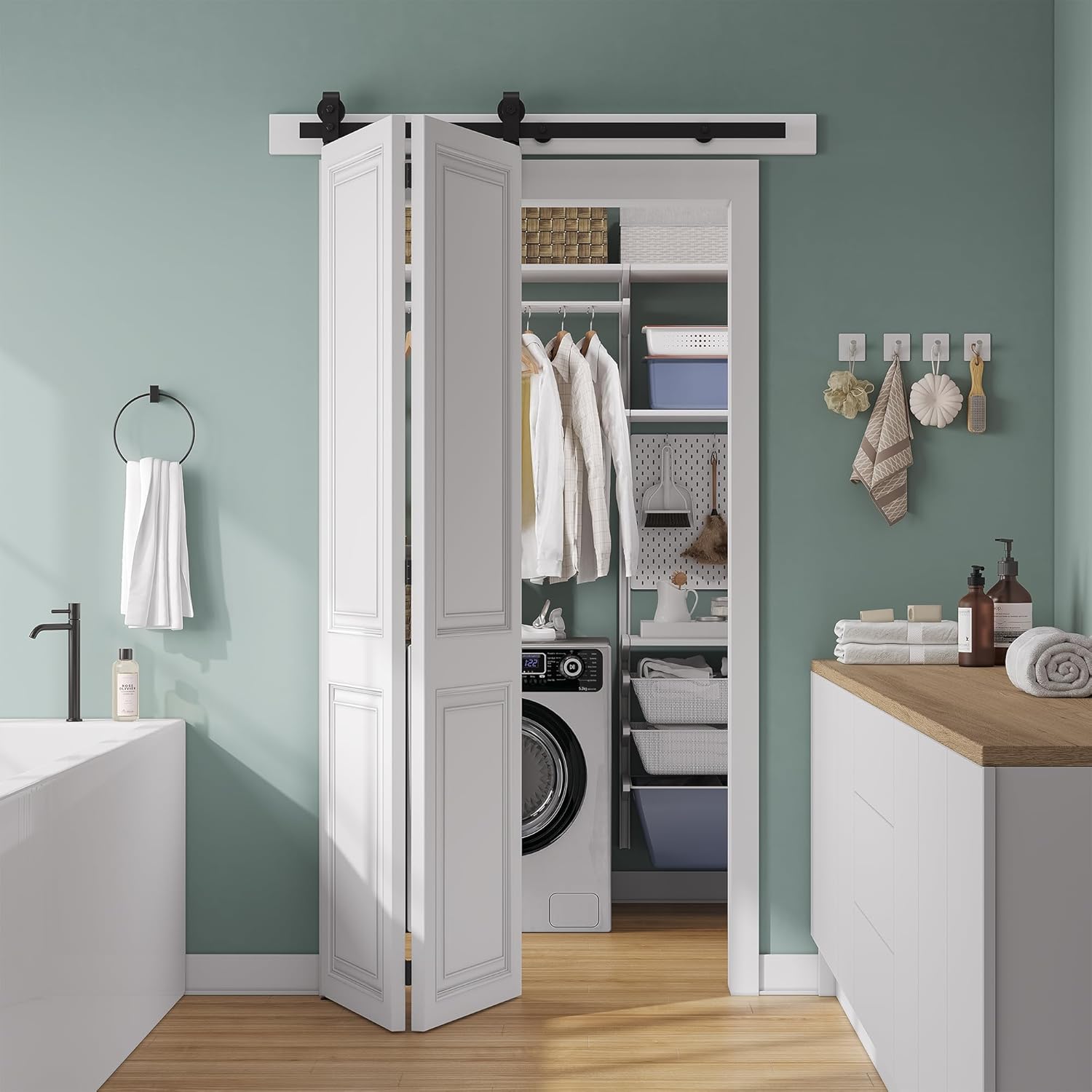 40" Bifold Sliding Barn Door Hardware Kit, Top Mount Bi-Folding Track for Double 18" Doors, Smooth & Quiet, Black - No Door - WildKart