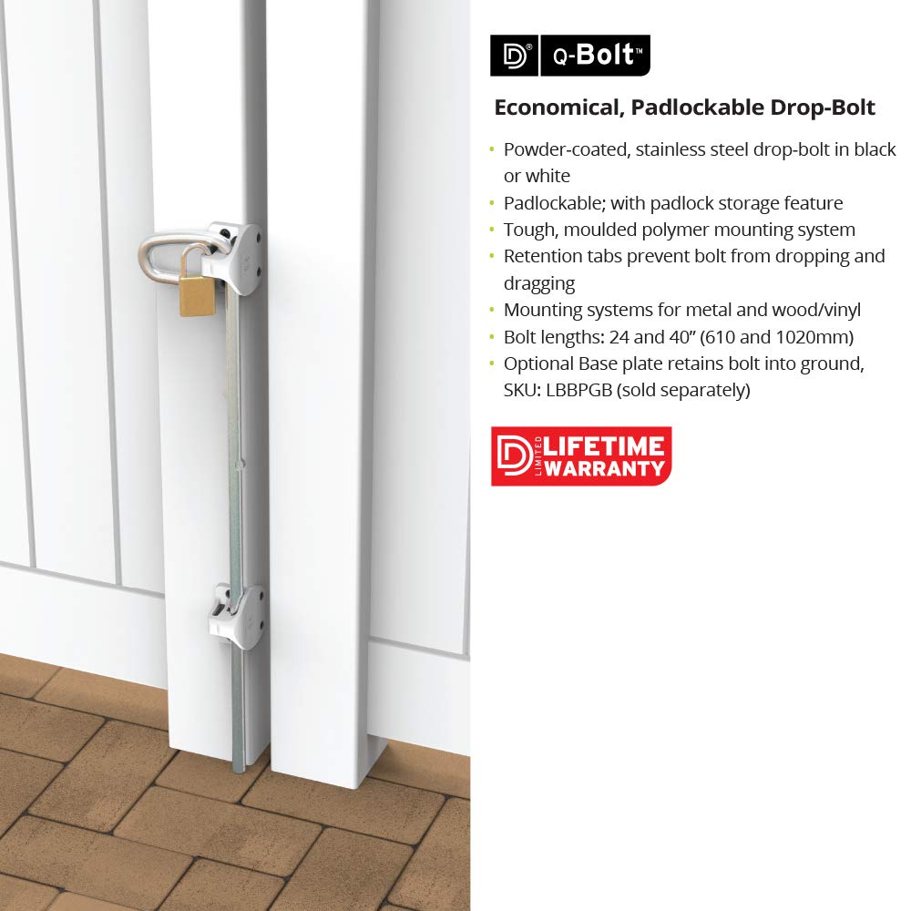 40" D&D Technologies QB240 Q-Bolt Drop Bolt for Square Post Wood & Vinyl Gates - Padlockable with Padlock Storage