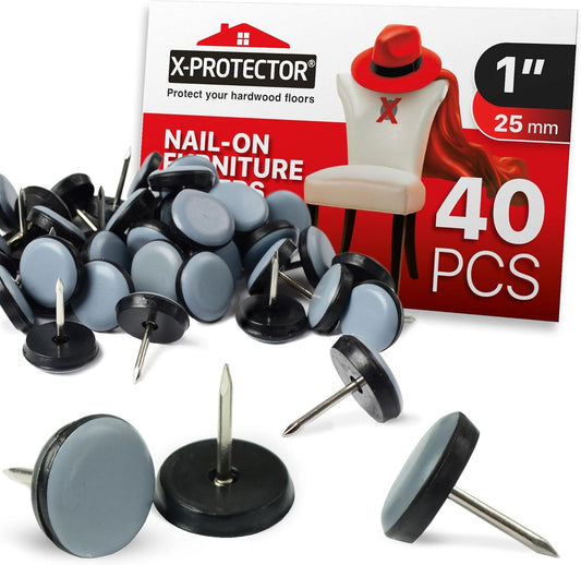 40 Grey Nail-on Chair Glides X-PROTECTOR - 1" Furniture Sliders - Premium Floor Protectors for Chair Legs - Effortless Sliding with Leg Pads to Protect Floors
