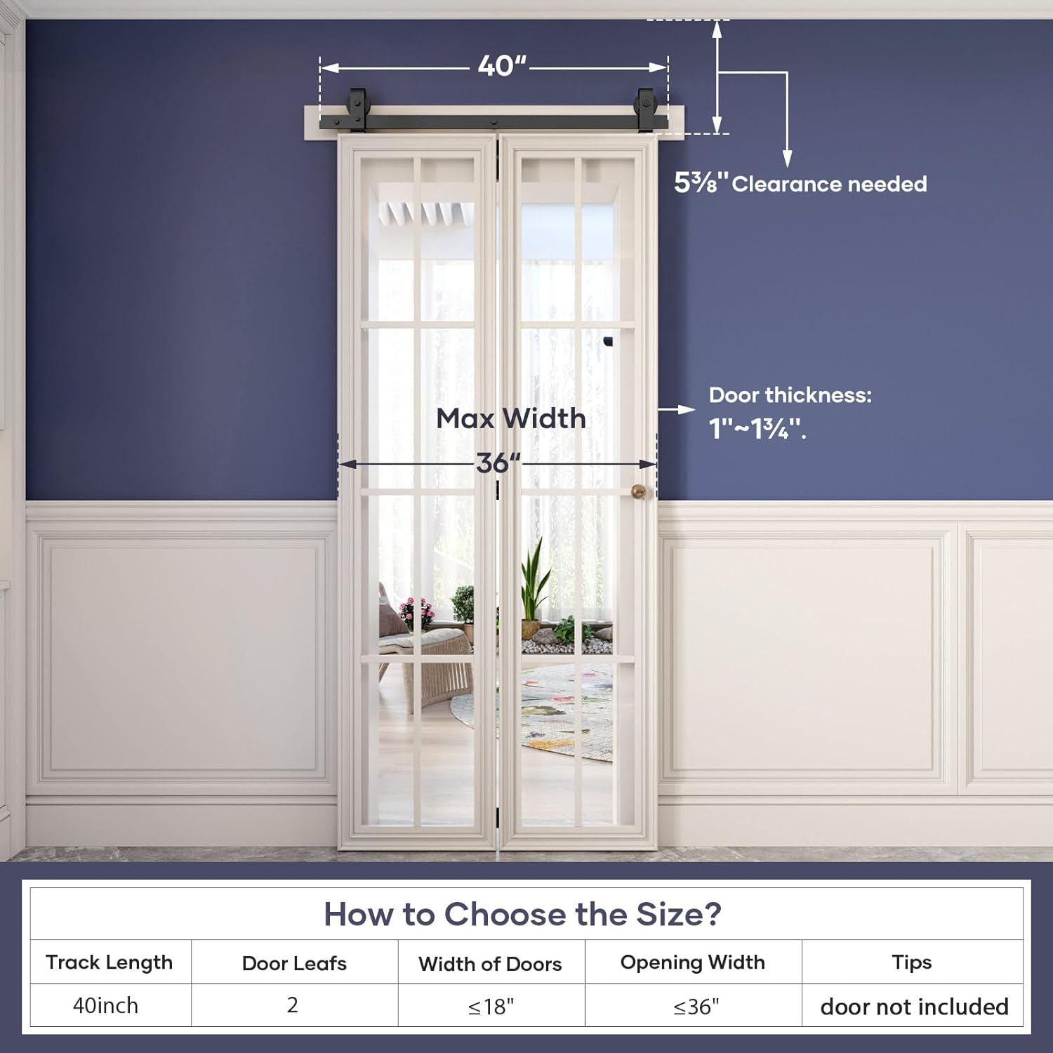 40-inch Bifold Barn Door Hardware Kit for Two 18-inch Closet Doors - Top Mount Sliding System with Heavy Duty Roller - Smooth & Quiet - Black Color - WildKart