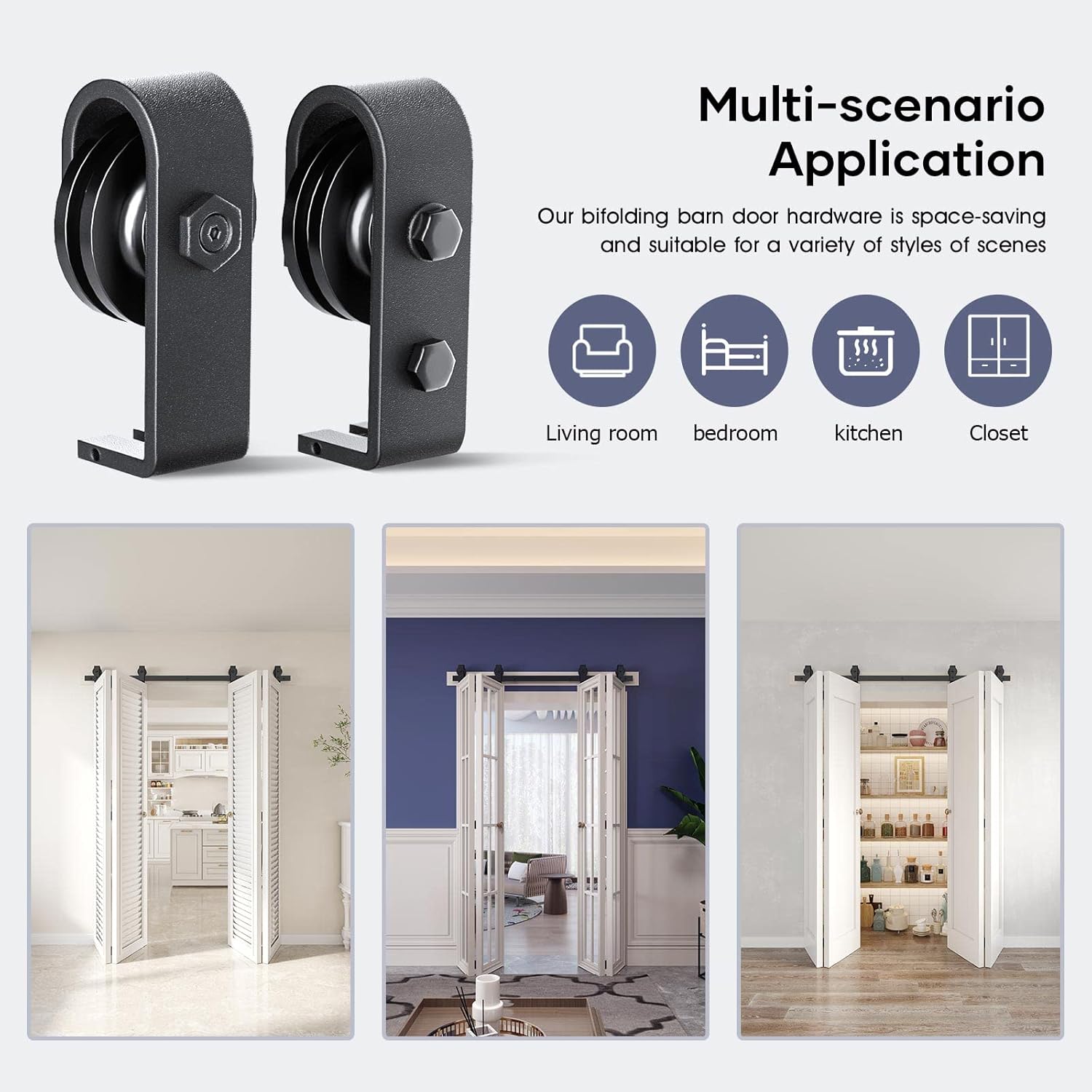 40-inch Bifold Barn Door Hardware Kit for Two 18-inch Closet Doors - Top Mount Sliding System with Heavy Duty Roller - Smooth & Quiet - Black Color - WildKart