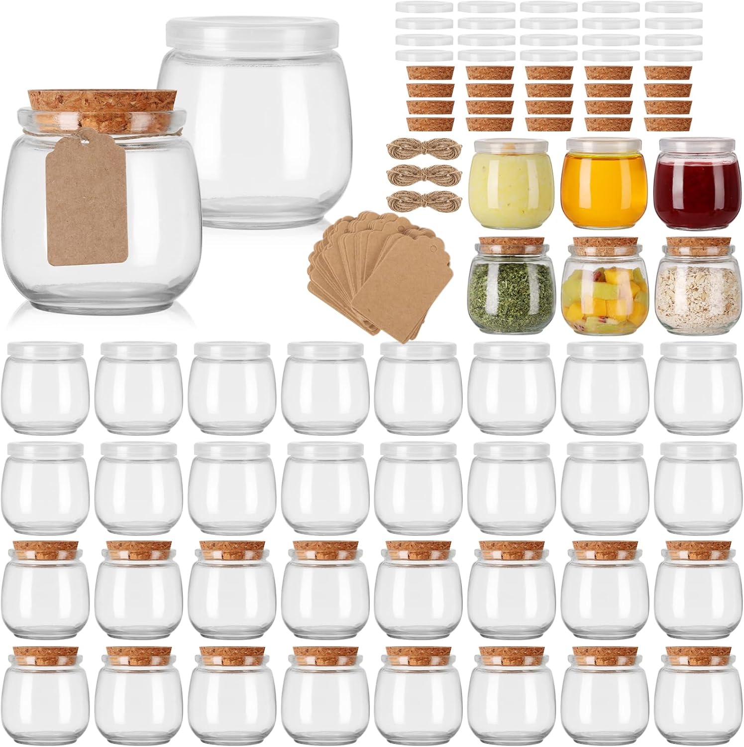40-Pack 7 oz Glass Yogurt Jars with Cork and PE Lids for Wedding Favors & DIY Gifts