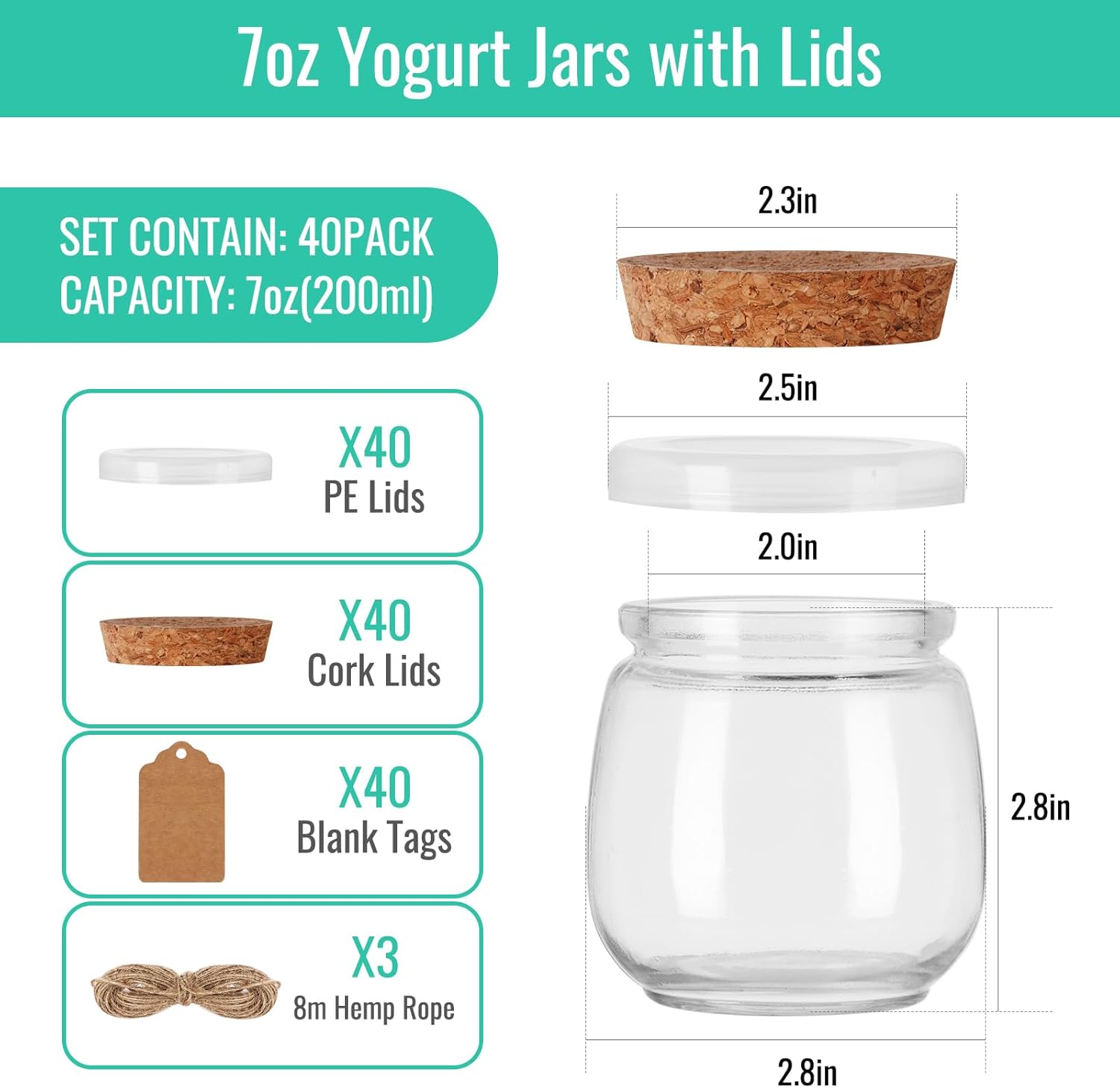40-Pack 7 oz Glass Yogurt Jars with Cork and PE Lids for Wedding Favors & DIY Gifts