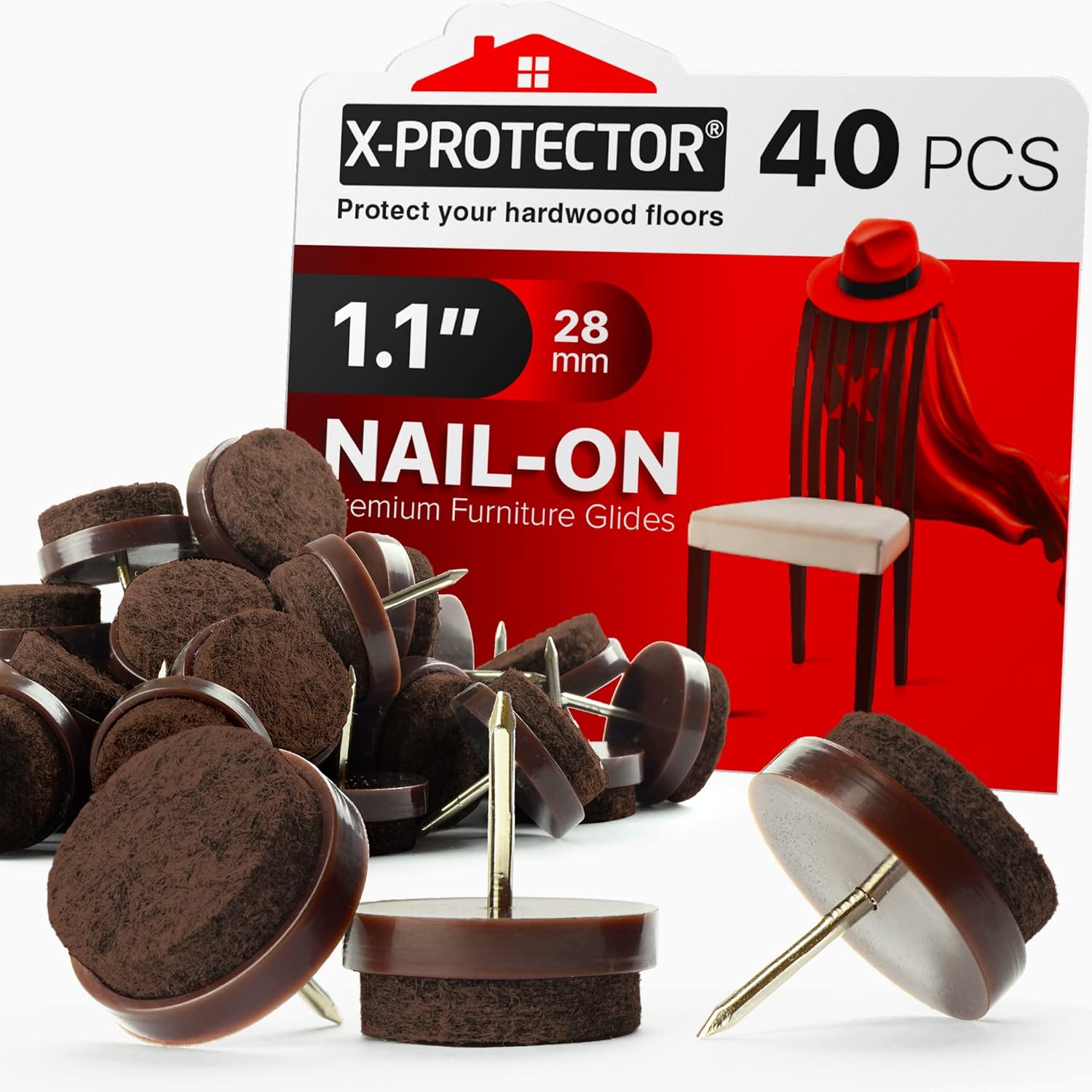 40 PCS X-PROTECTOR 1.1" Brown Nail-on Felt Pads - Chair Leg Floor Protectors - Furniture Pads for Hardwood Floors - Best Felt Chair Pads