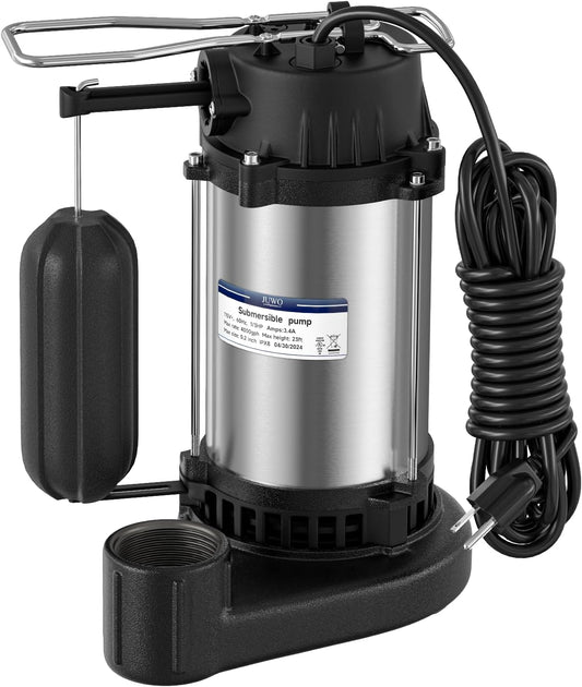 4000 GPH JUWO Stainless Steel Submersible Sump Pump with Vertical Float Switch - 1/3 HP, NPT 1-1/2" Discharge - Automatic Basement Water Pump