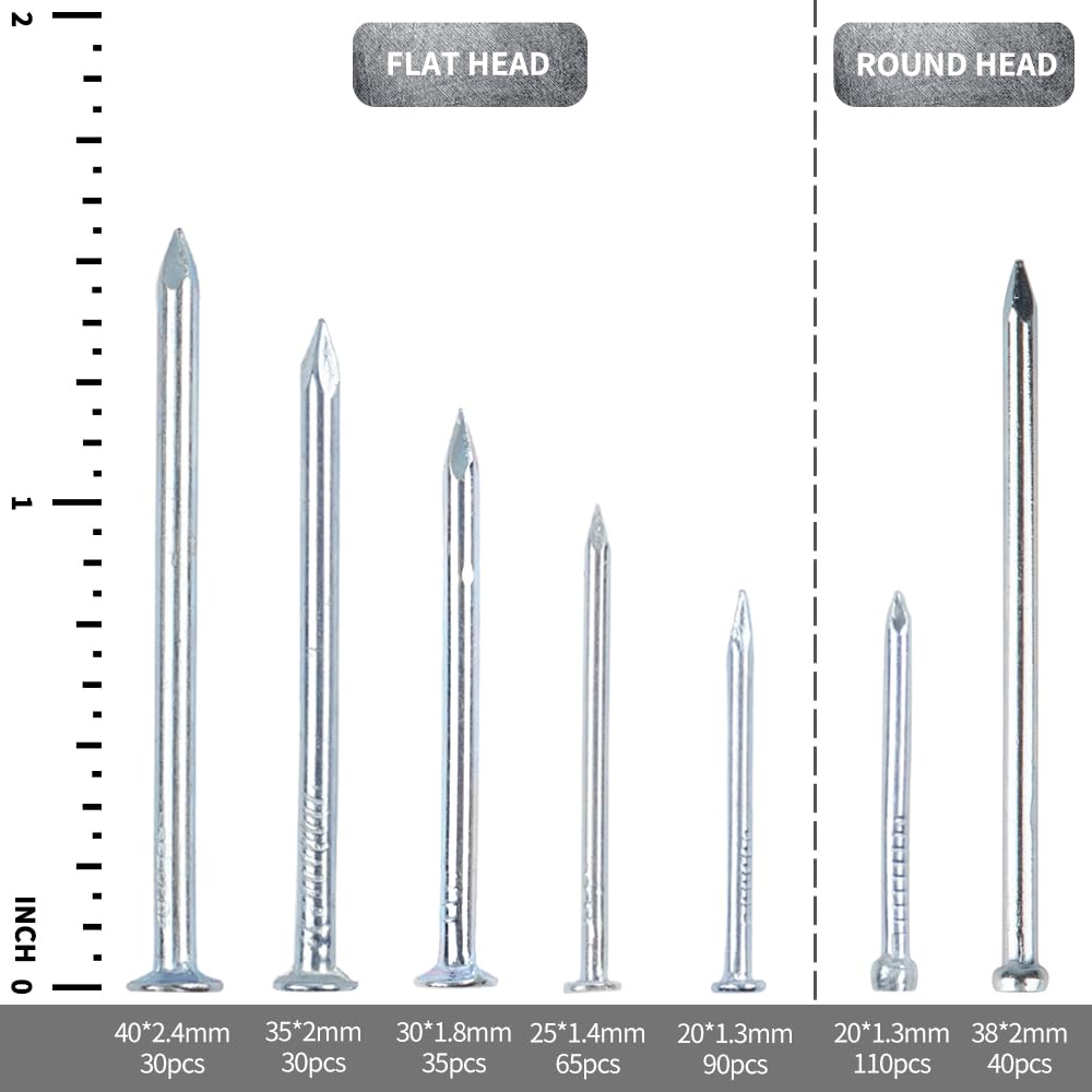 400pcs Picture Hanging Galvanized Nails Assortment Kit - Small Finish Nails for Wood & Wall - 7 Size Variety Pack - WildKart