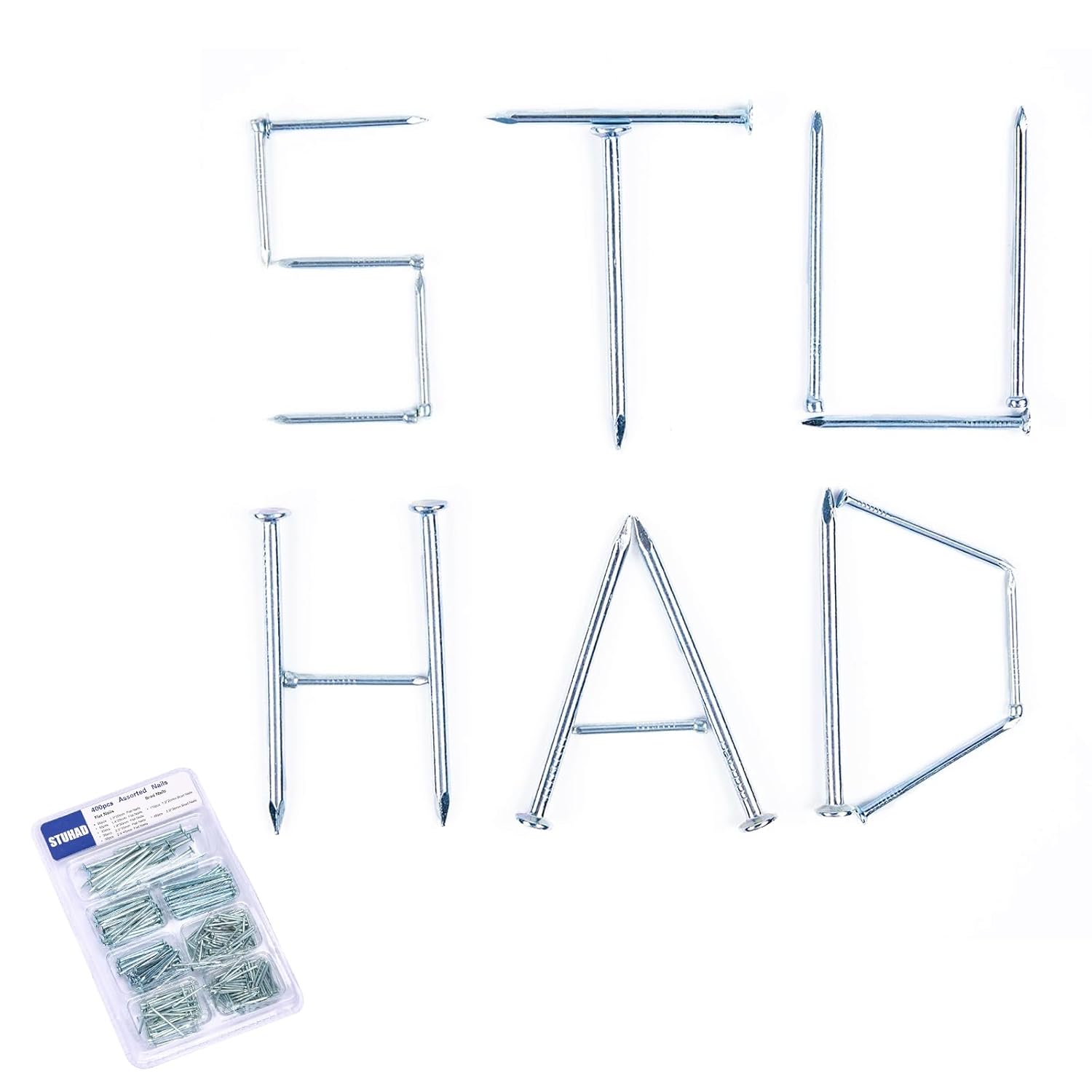 400pcs Picture Hanging Galvanized Nails Assortment Kit - Small Finish Nails for Wood & Wall - 7 Size Variety Pack - WildKart