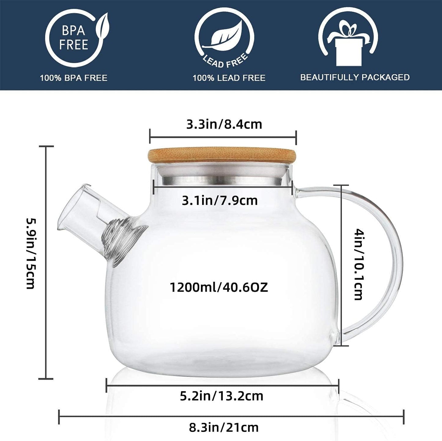 40.6oz Clear Glass Teapot with Removable Filter Spout for Stovetop - Perfect for Loose Leaf and Blooming Tea Making
