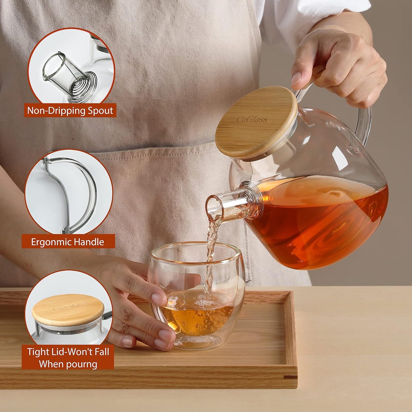 40.6oz Clear Glass Teapot with Removable Filter Spout for Stovetop - Perfect for Loose Leaf and Blooming Tea Making