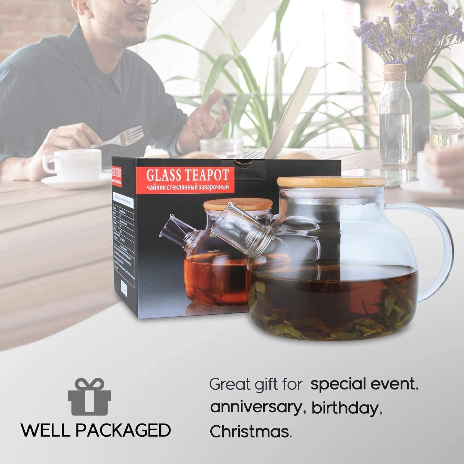 40.6oz Clear Glass Teapot with Removable Filter Spout for Stovetop - Perfect for Loose Leaf and Blooming Tea Making