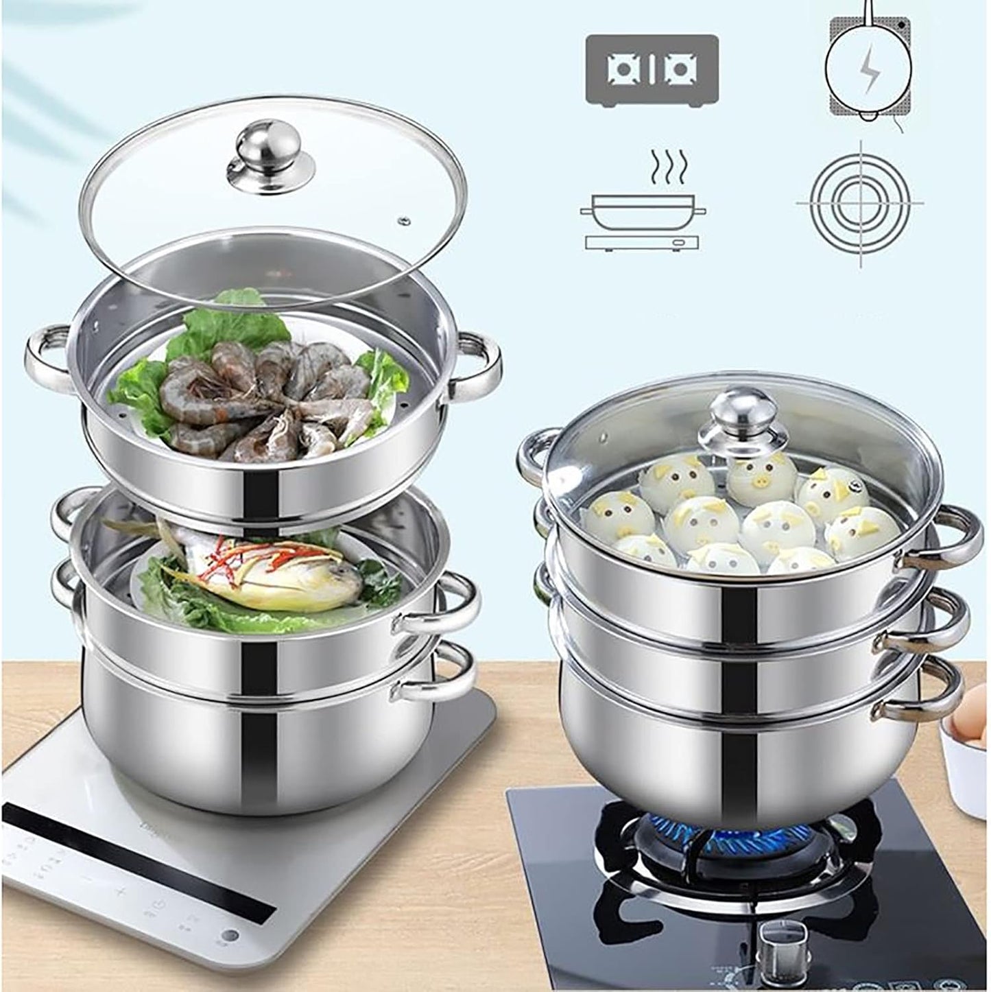 40CM YJYLYHY Steamer Cookware Pot - Stainless Steel, 3-Layer Composite Bottom for Steaming Fish, Porridge, Chicken Soup
