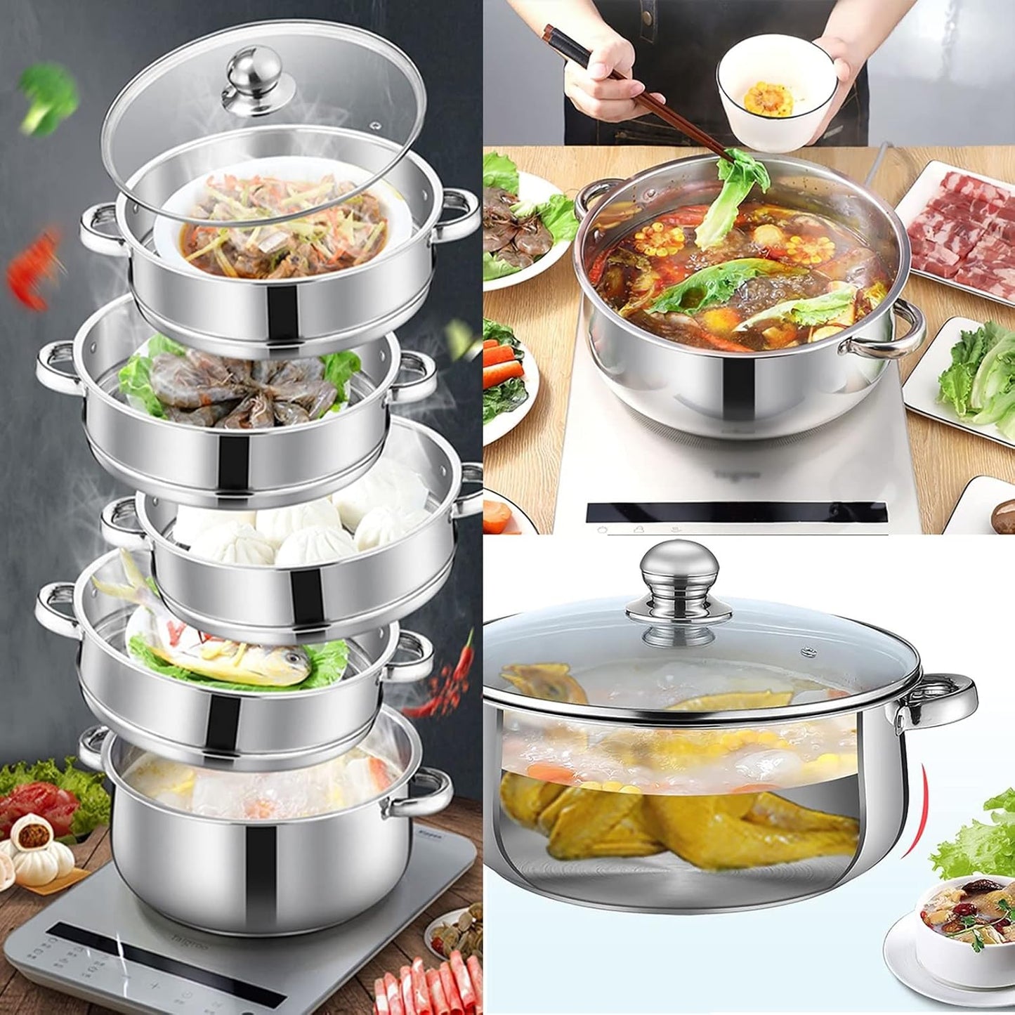 40CM YJYLYHY Steamer Cookware Pot - Stainless Steel, 3-Layer Composite Bottom for Steaming Fish, Porridge, Chicken Soup