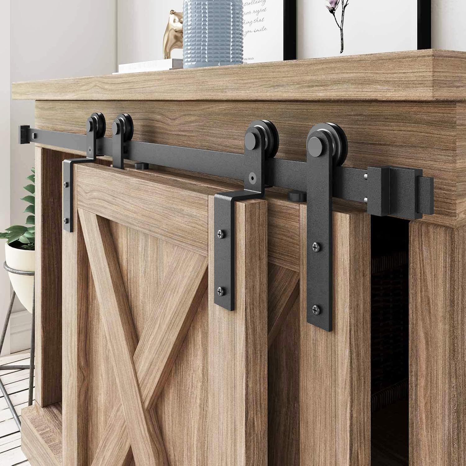 4.5 FT Mini Cabinet Bypass Barn Door Hardware Kit - Single Track 54" Sliding Barn Doors Track Kit for Double Doors - Storage Closet, Window, TV Stand, Wardrobe - No Cabinet - WildKart
