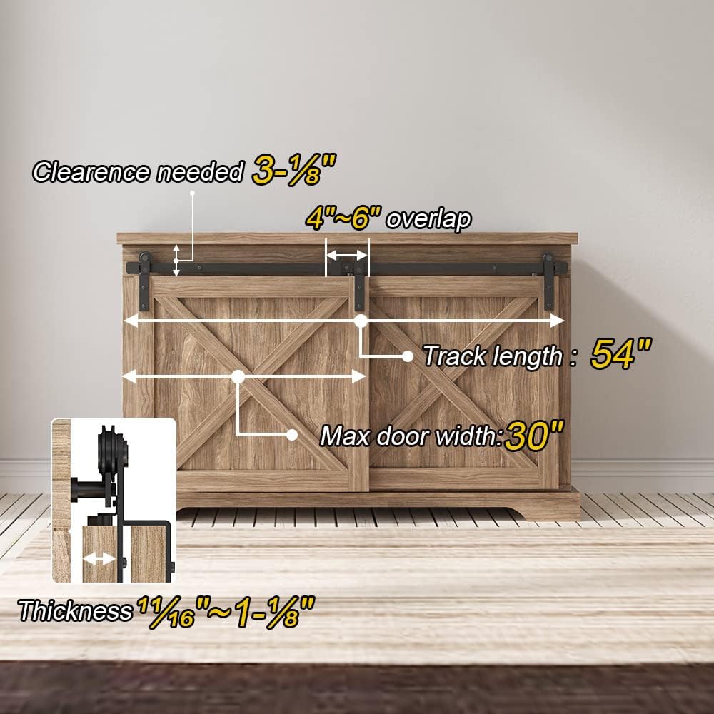 4.5 FT Mini Cabinet Bypass Barn Door Hardware Kit - Single Track 54" Sliding Barn Doors Track Kit for Double Doors - Storage Closet, Window, TV Stand, Wardrobe - No Cabinet - WildKart