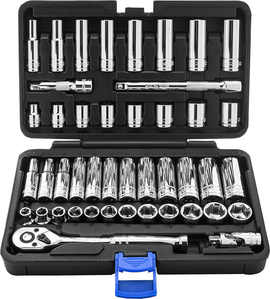 45-Piece 3/8" Drive Socket Set with 72-Tooth Pear Head Ratchet by EPAuto