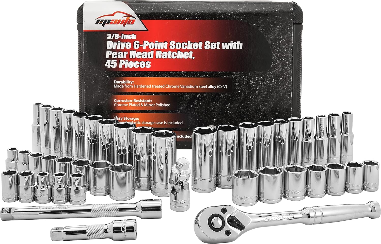 45-Piece 3/8" Drive Socket Set with 72-Tooth Pear Head Ratchet by EPAuto