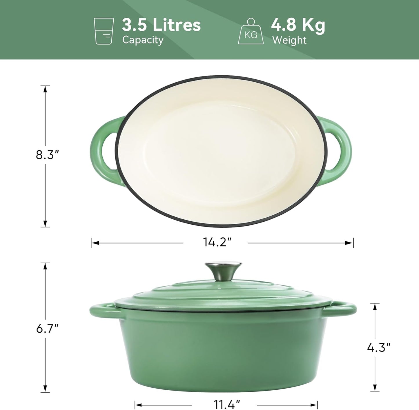 4.5 QT Light Green Enameled Cast Iron Dutch Oven with Lid and Handles for Cooking and Baking