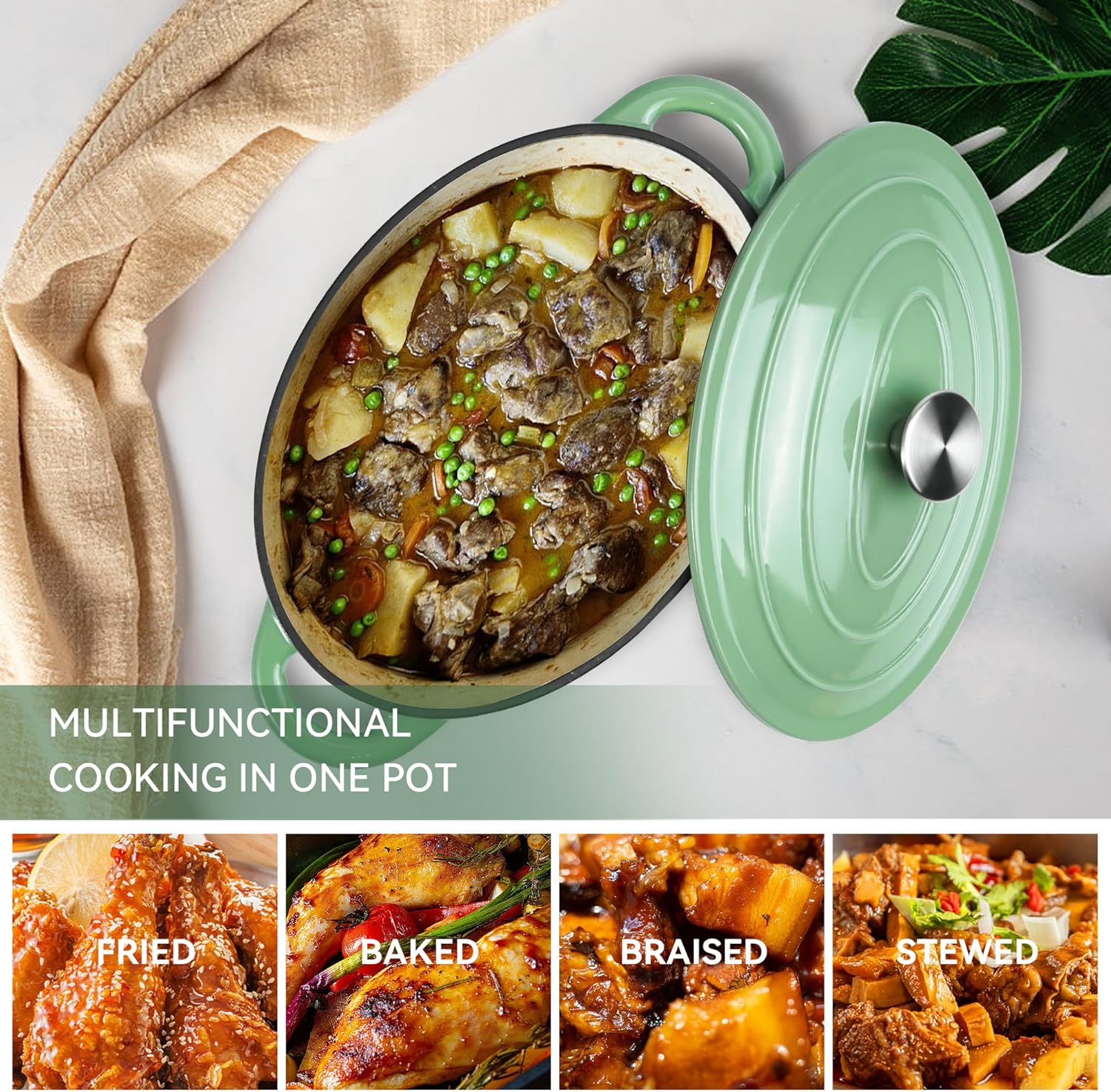 4.5 QT Light Green Enameled Cast Iron Dutch Oven with Lid and Handles for Cooking and Baking
