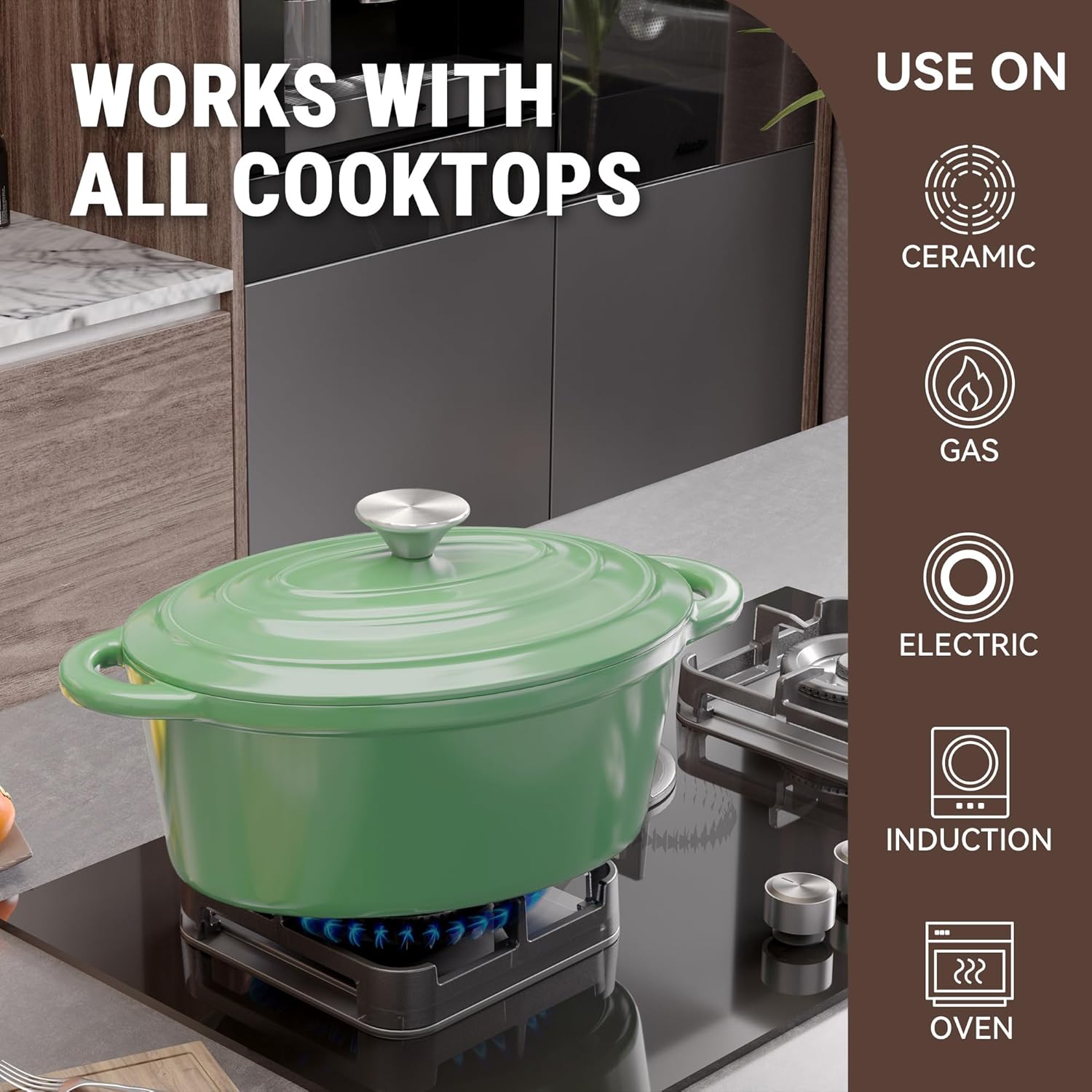 4.5 QT Light Green Enameled Cast Iron Dutch Oven with Lid and Handles for Cooking and Baking