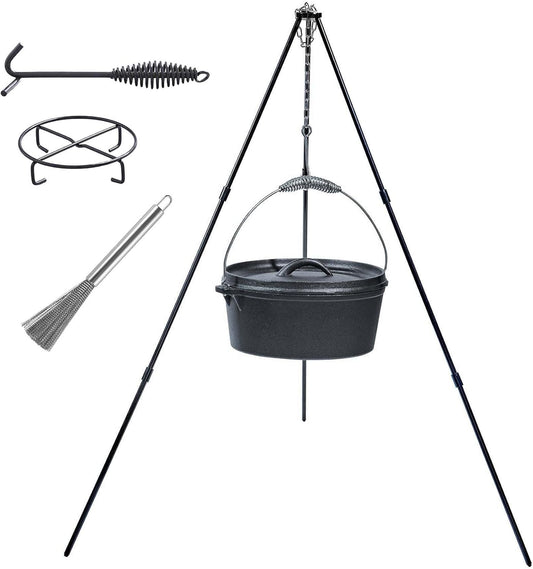 4.5Qt Cast Iron Camping Dutch Oven Set with Lid, Lifter Handle, Tripod, Cookware, Oven - Campfire Cooking Equipment, Free Scrubber Brush
