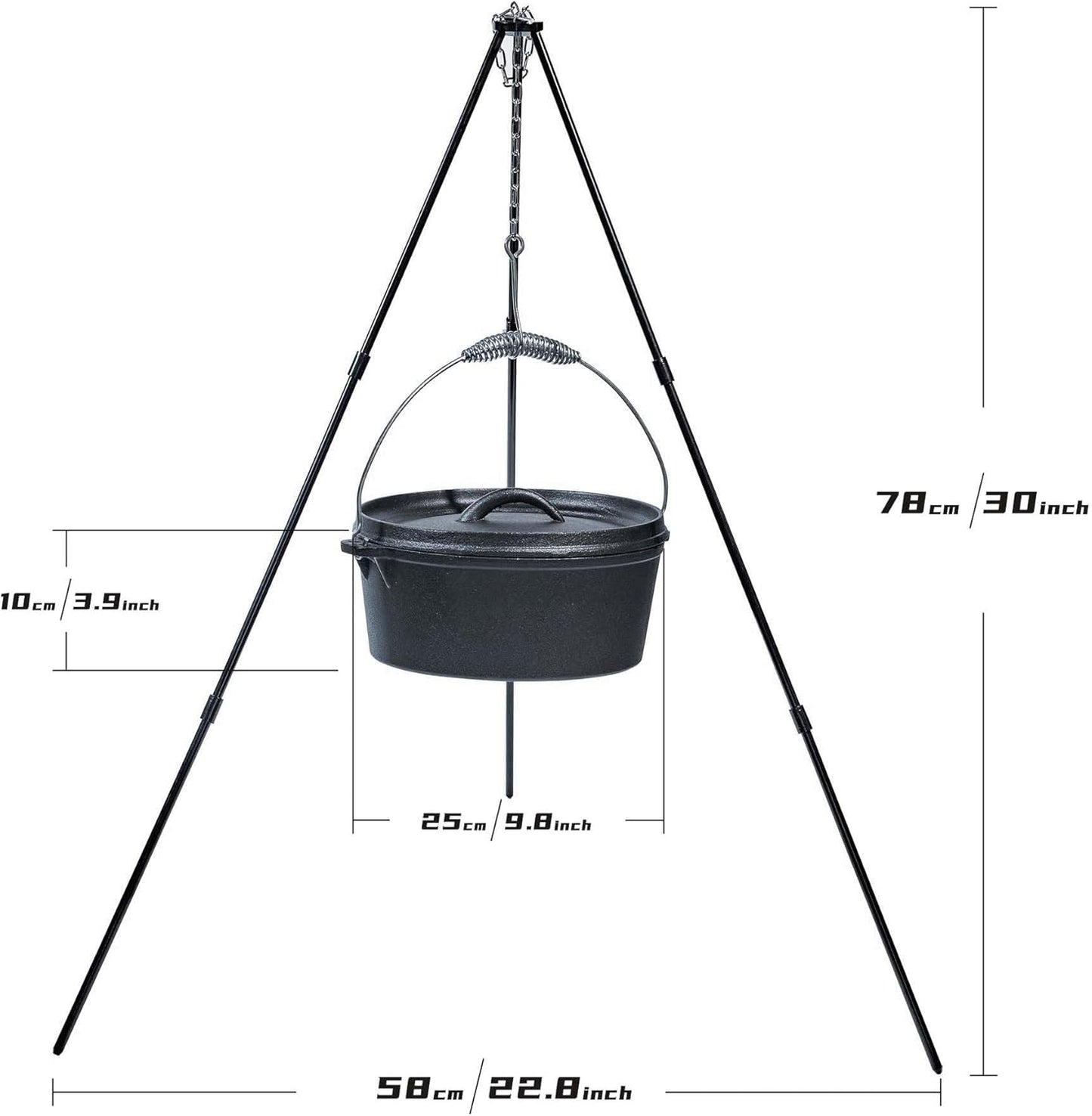 4.5Qt Cast Iron Camping Dutch Oven Set with Lid, Lifter Handle, Tripod, Cookware, Oven - Campfire Cooking Equipment, Free Scrubber Brush