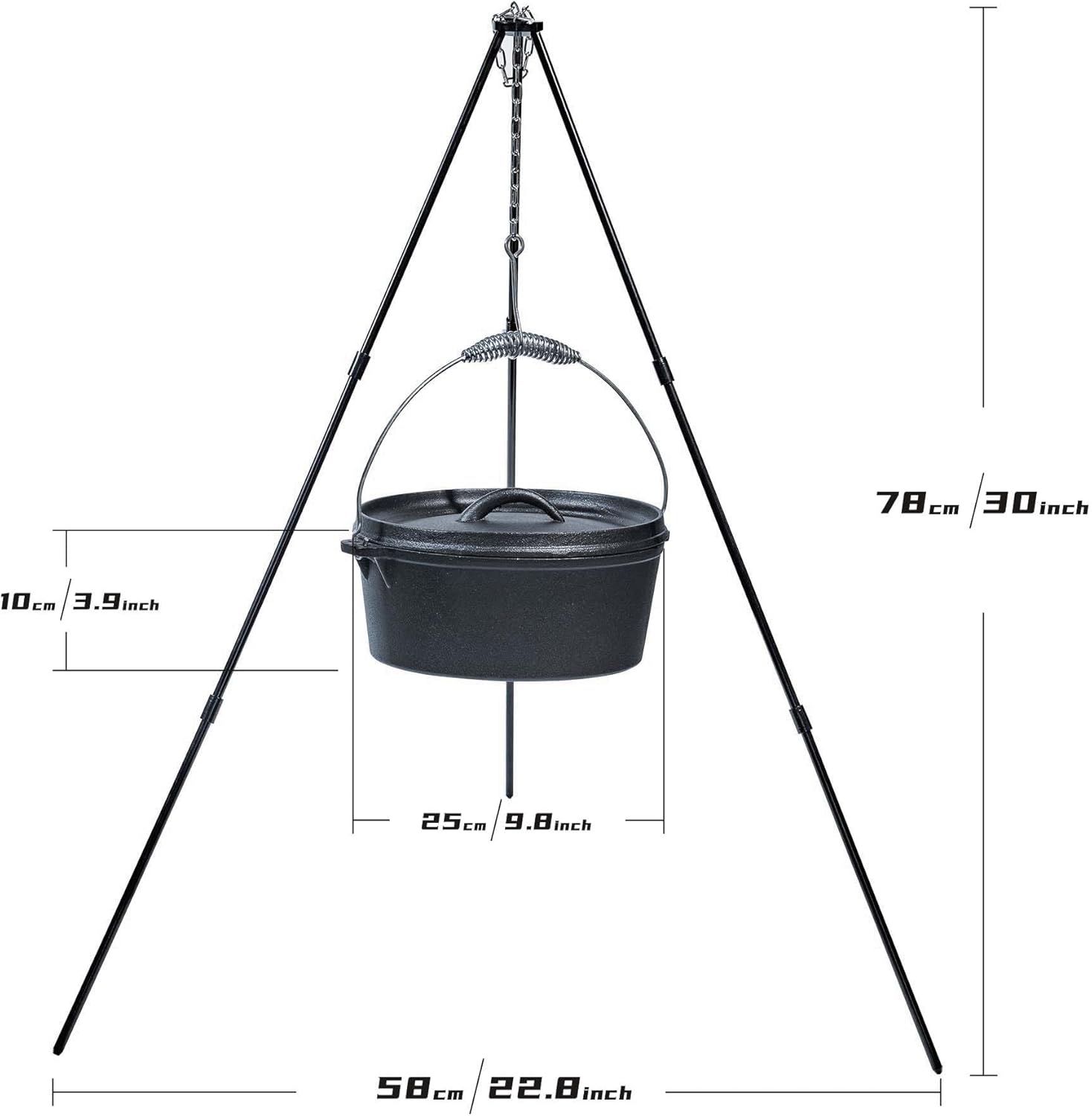 4.5Qt Cast Iron Camping Dutch Oven Set with Lid, Lifter Handle, Tripod, Cookware, Oven - Campfire Cooking Equipment, Free Scrubber Brush