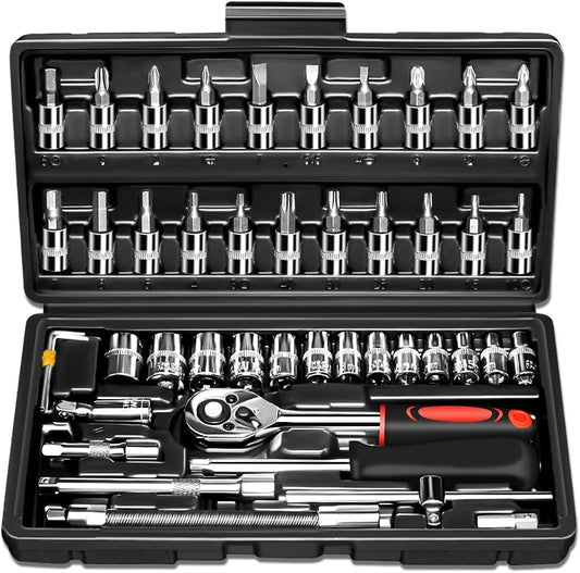 46-Piece 1/4" Drive Socket Ratchet Wrench Set with Metric Bit Socket Set and Extension Bar - Ideal for Auto Repair and Household Use - Includes Storage Case