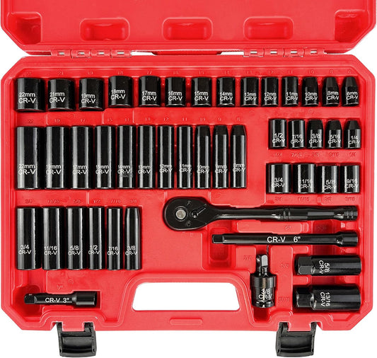 46-Piece 3/8" Drive Impact Socket Set, SAE/Metric, Deep & Shallow, Cr-V Steel, 6 & 12 Point Sockets, 72-Teeth Reversible Ratchet
