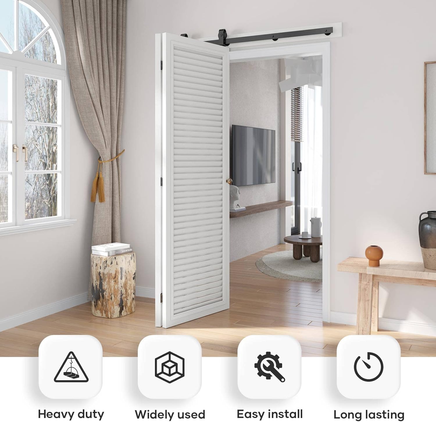 48" Bi-folding Sliding Barn Door Hardware Kit, Top Mount Roller, Heavy Duty, Smooth & Quiet, Easy Install, Black - Fits Double 24" Wide Doors - 52" Track Length - WildKart