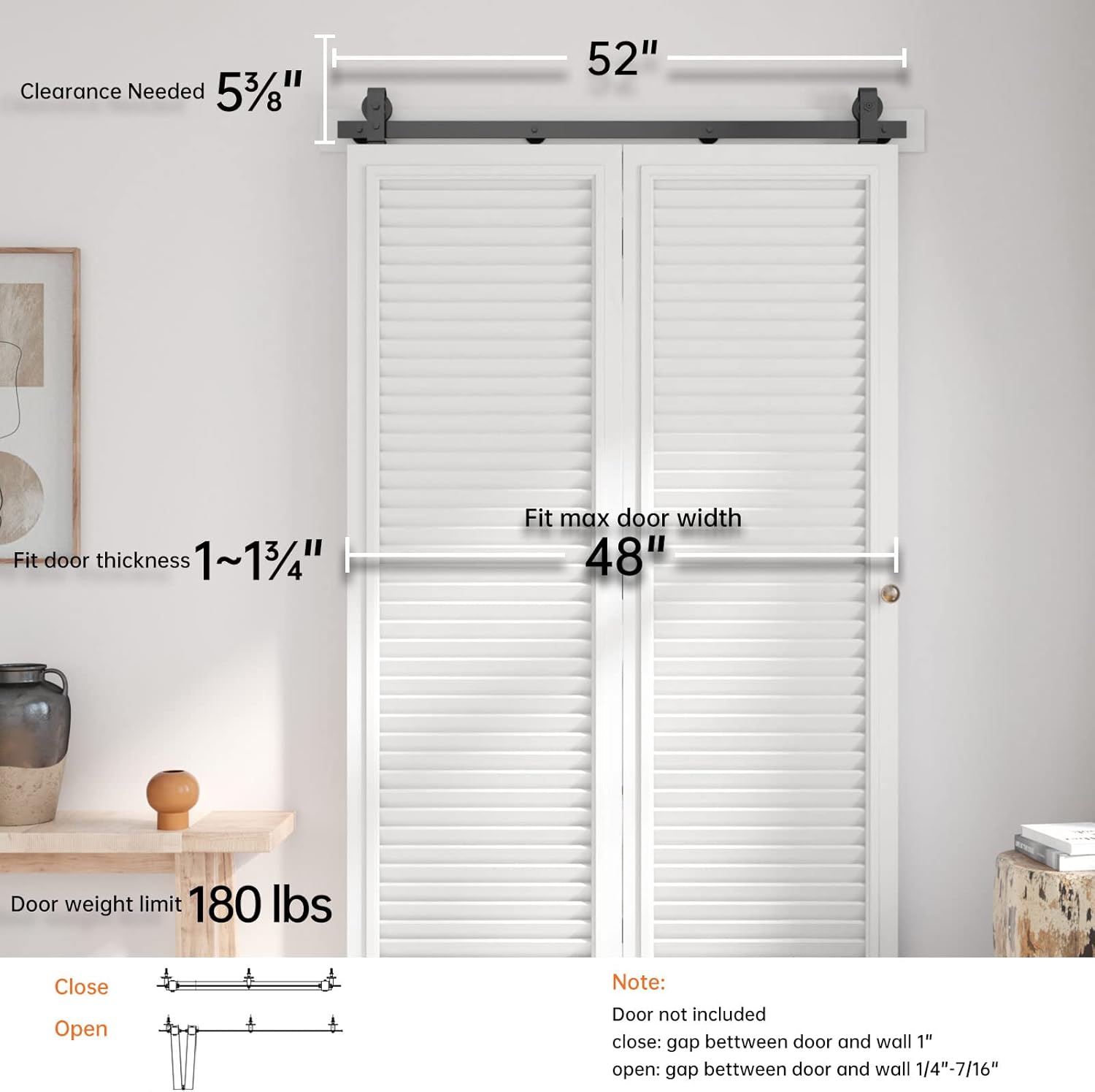 48" Bi-folding Sliding Barn Door Hardware Kit, Top Mount Roller, Heavy Duty, Smooth & Quiet, Easy Install, Black - Fits Double 24" Wide Doors - 52" Track Length - WildKart