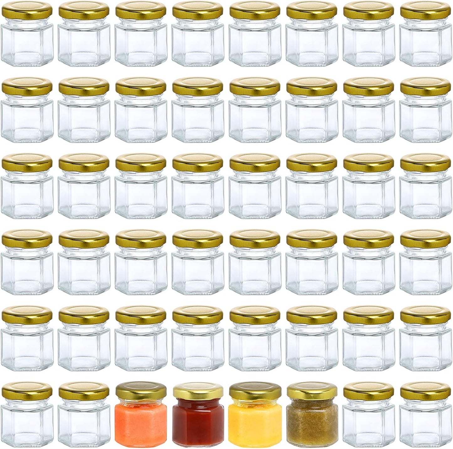 48 Pack 1.5oz Hexagon Glass Jars with Gold Lids - Mini Honey, Spice, and Jam Jars for Gifts and Wedding Favors