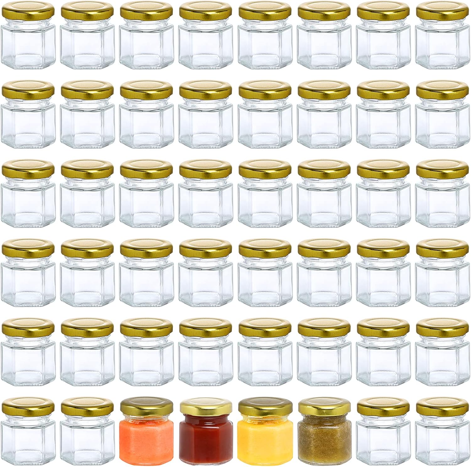 48 Pack 1.5oz Hexagon Glass Jars with Gold Lids - Mini Honey, Spice, and Jam Jars for Gifts and Wedding Favors