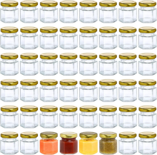 48 Pack 1.5oz Hexagon Glass Jars with Gold Lids - Mini Honey, Spice, and Jam Jars for Gifts and Wedding Favors