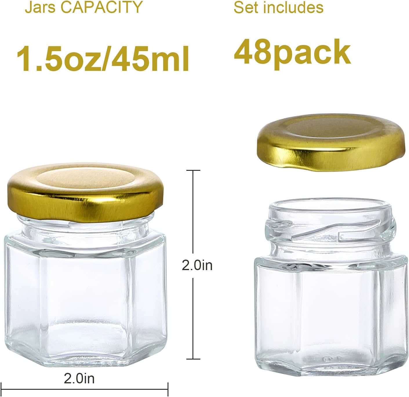 48 Pack 1.5oz Hexagon Glass Jars with Gold Lids - Mini Honey, Spice, and Jam Jars for Gifts and Wedding Favors