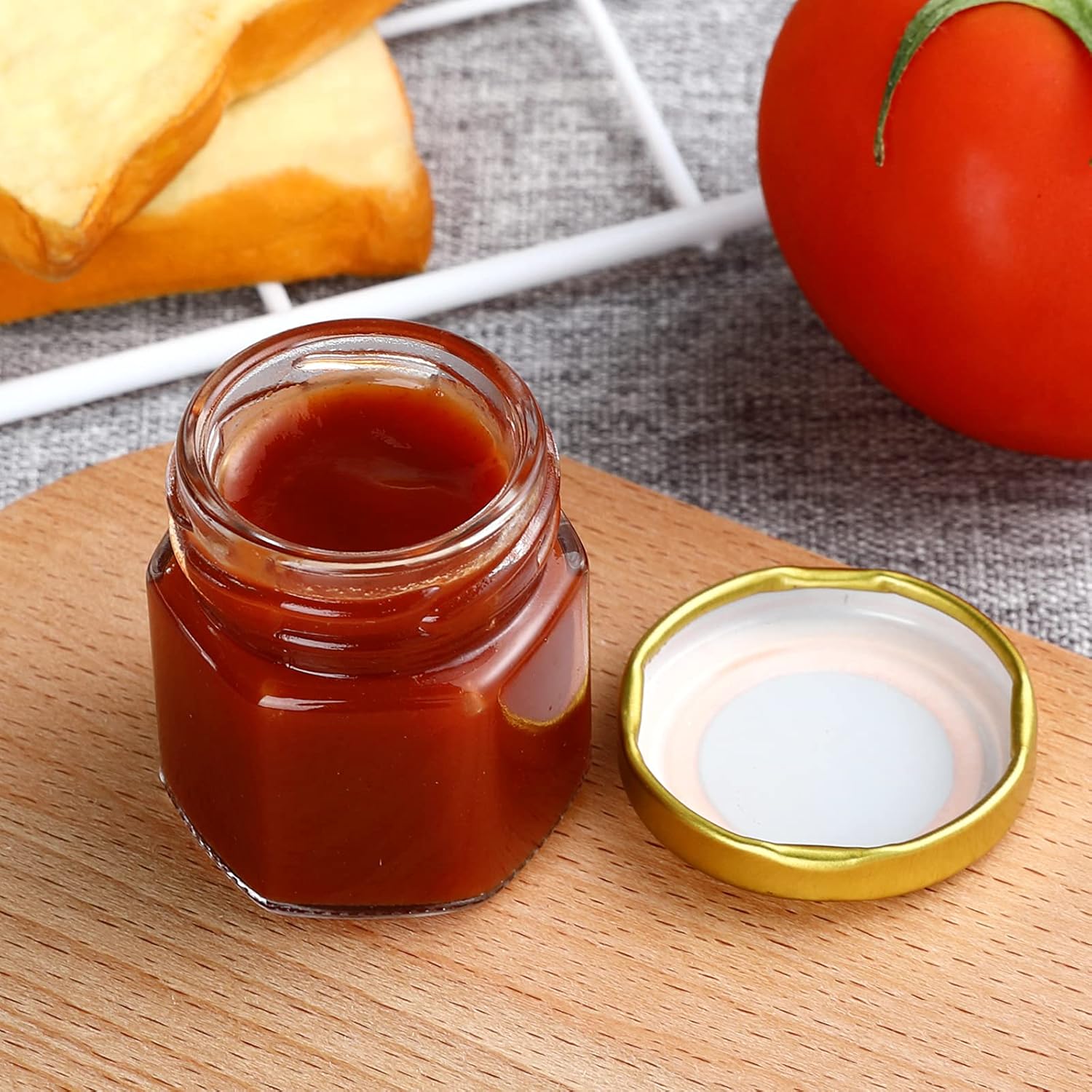 48 Pack 1.5oz Hexagon Glass Jars with Gold Lids - Mini Honey, Spice, and Jam Jars for Gifts and Wedding Favors