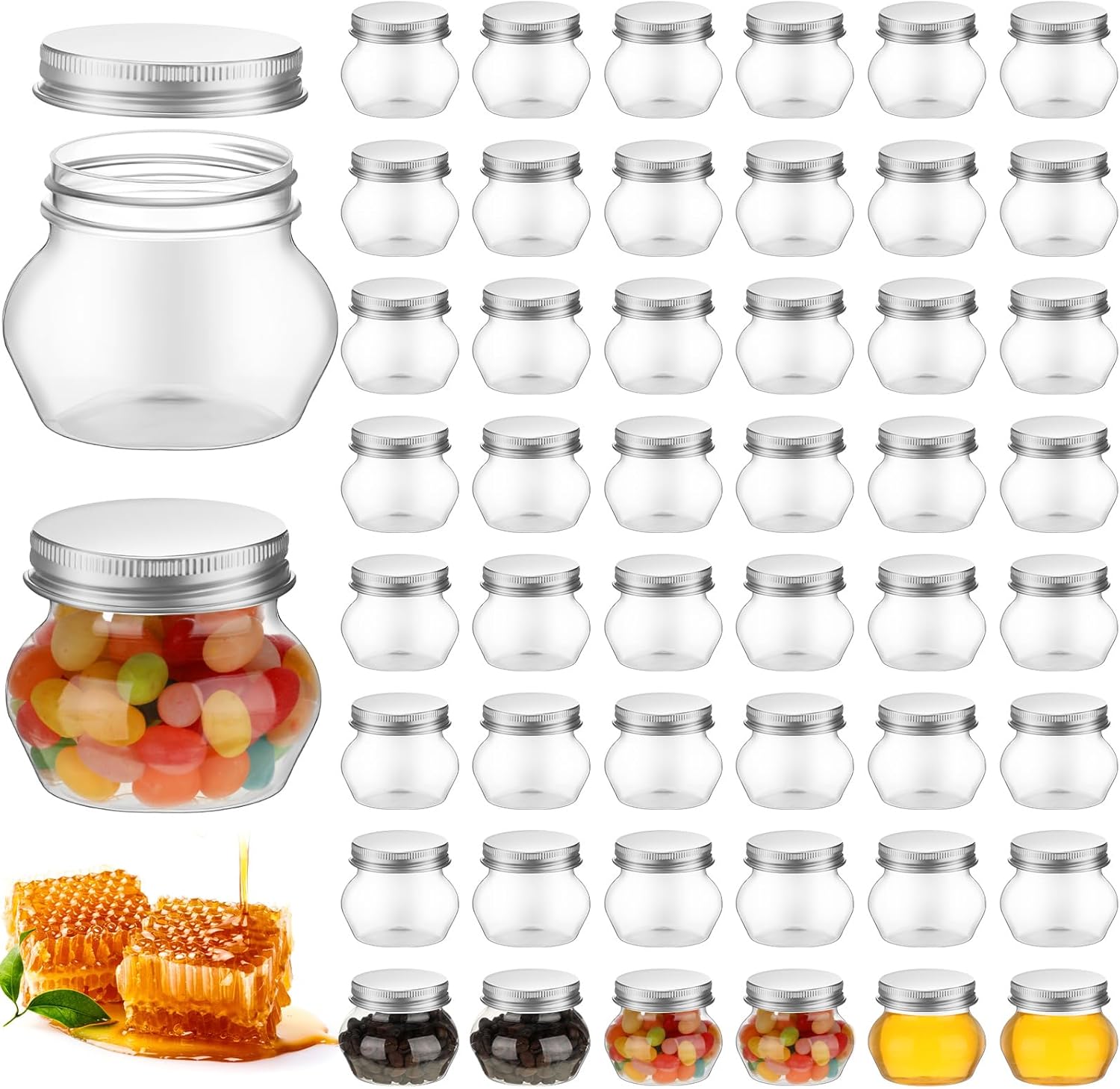 48 Pack 4 oz Clear Plastic Jars with Lids - Wide Mouth Mini Storage Containers for Herbs, Jelly, Wedding Favors - Bulk Mason Canning Jars for Shower Party Favors (Silver)
