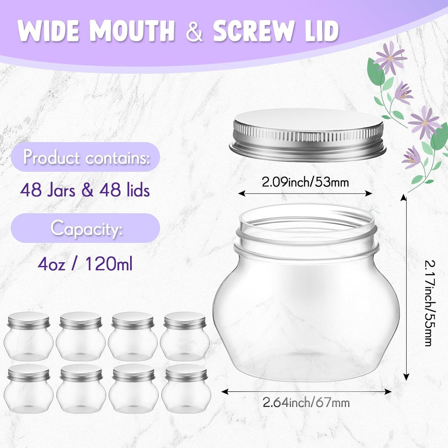 48 Pack 4 oz Clear Plastic Jars with Lids - Wide Mouth Mini Storage Containers for Herbs, Jelly, Wedding Favors - Bulk Mason Canning Jars for Shower Party Favors (Silver)