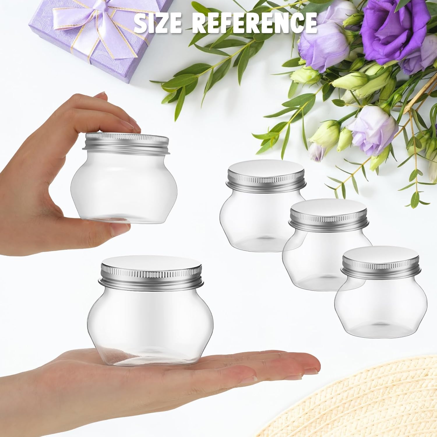 48 Pack 4 oz Clear Plastic Jars with Lids - Wide Mouth Mini Storage Containers for Herbs, Jelly, Wedding Favors - Bulk Mason Canning Jars for Shower Party Favors (Silver)