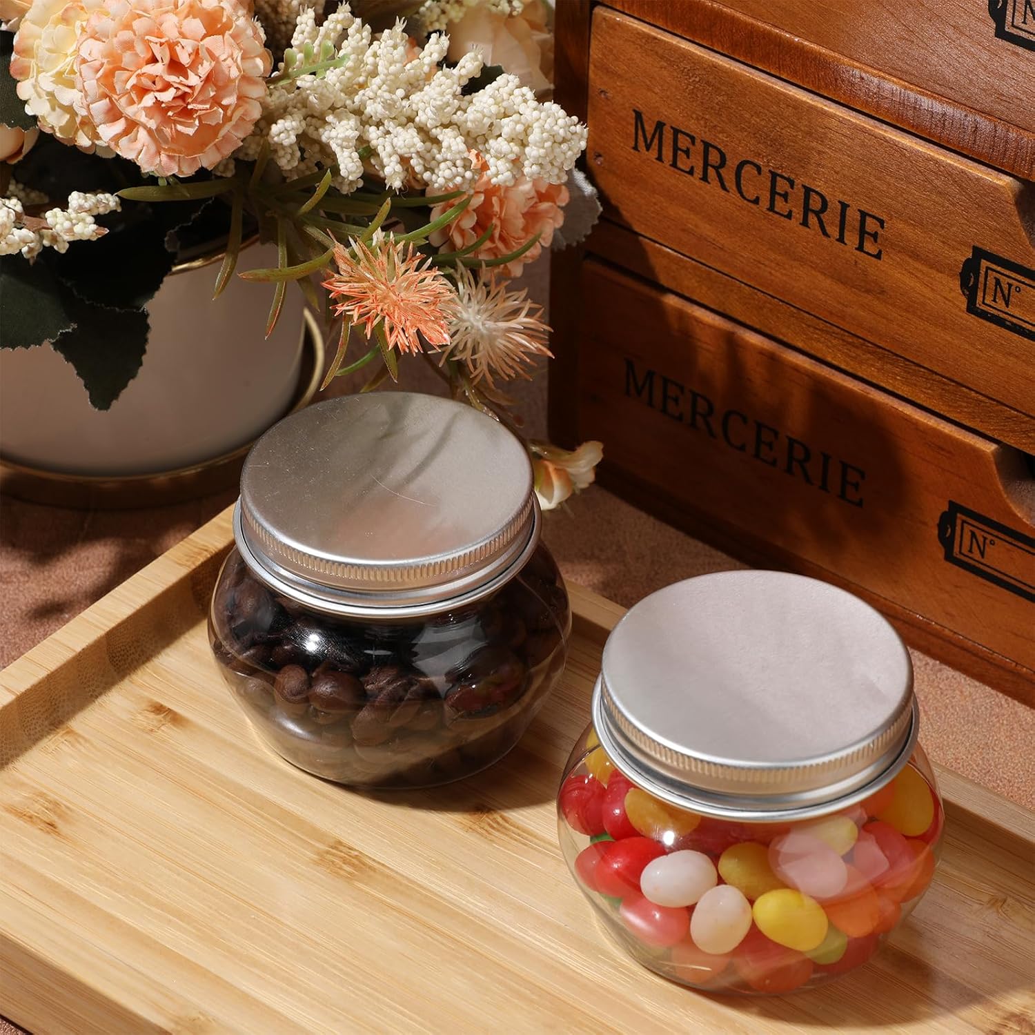 48 Pack 4 oz Clear Plastic Jars with Lids - Wide Mouth Mini Storage Containers for Herbs, Jelly, Wedding Favors - Bulk Mason Canning Jars for Shower Party Favors (Silver)