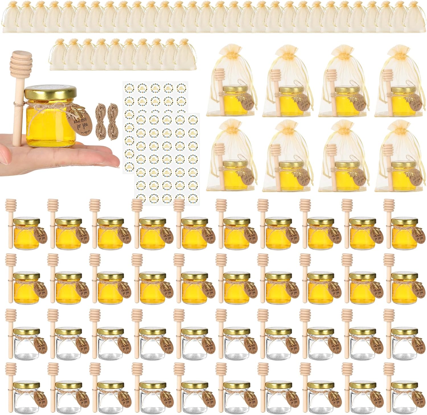 48 Pack Mini Honey Jars with Dipper - 1.5oz Round Glass Jars for Wedding Favors - Includes Wooden Dippers, Bee Pendants, and Gift Packaging
