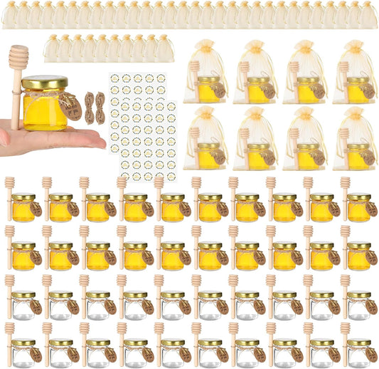 48 Pack Mini Honey Jars with Dipper - 1.5oz Round Glass Jars for Wedding Favors - Includes Wooden Dippers, Bee Pendants, and Gift Packaging