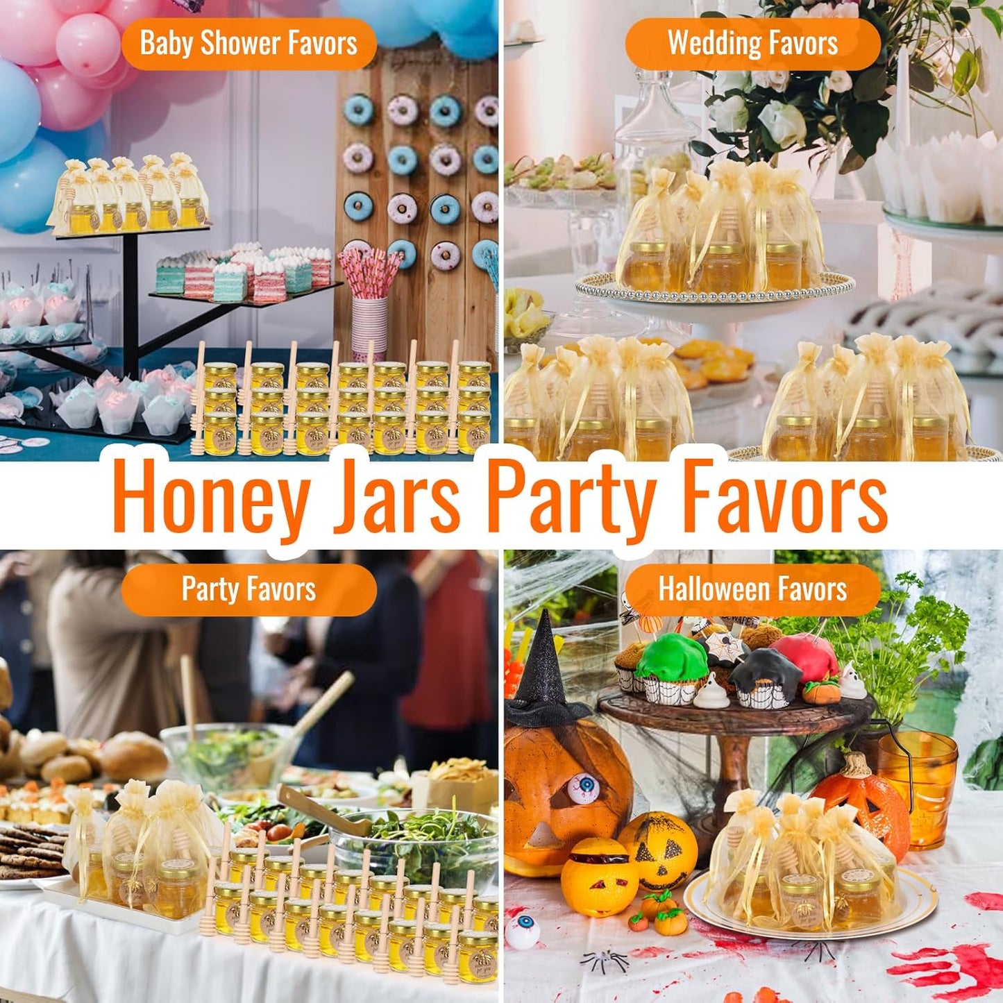 48 Pack Mini Honey Jars with Dipper - 1.5oz Round Glass Jars for Wedding Favors - Includes Wooden Dippers, Bee Pendants, and Gift Packaging