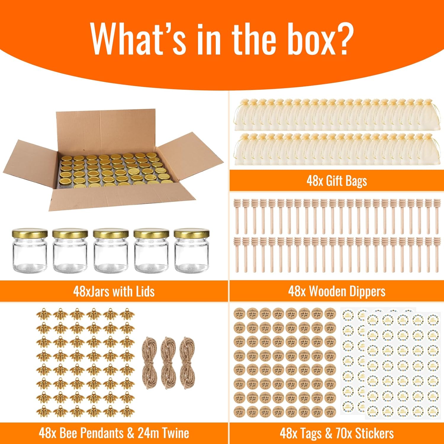 48 Pack Mini Honey Jars with Dipper - 1.5oz Round Glass Jars for Wedding Favors - Includes Wooden Dippers, Bee Pendants, and Gift Packaging